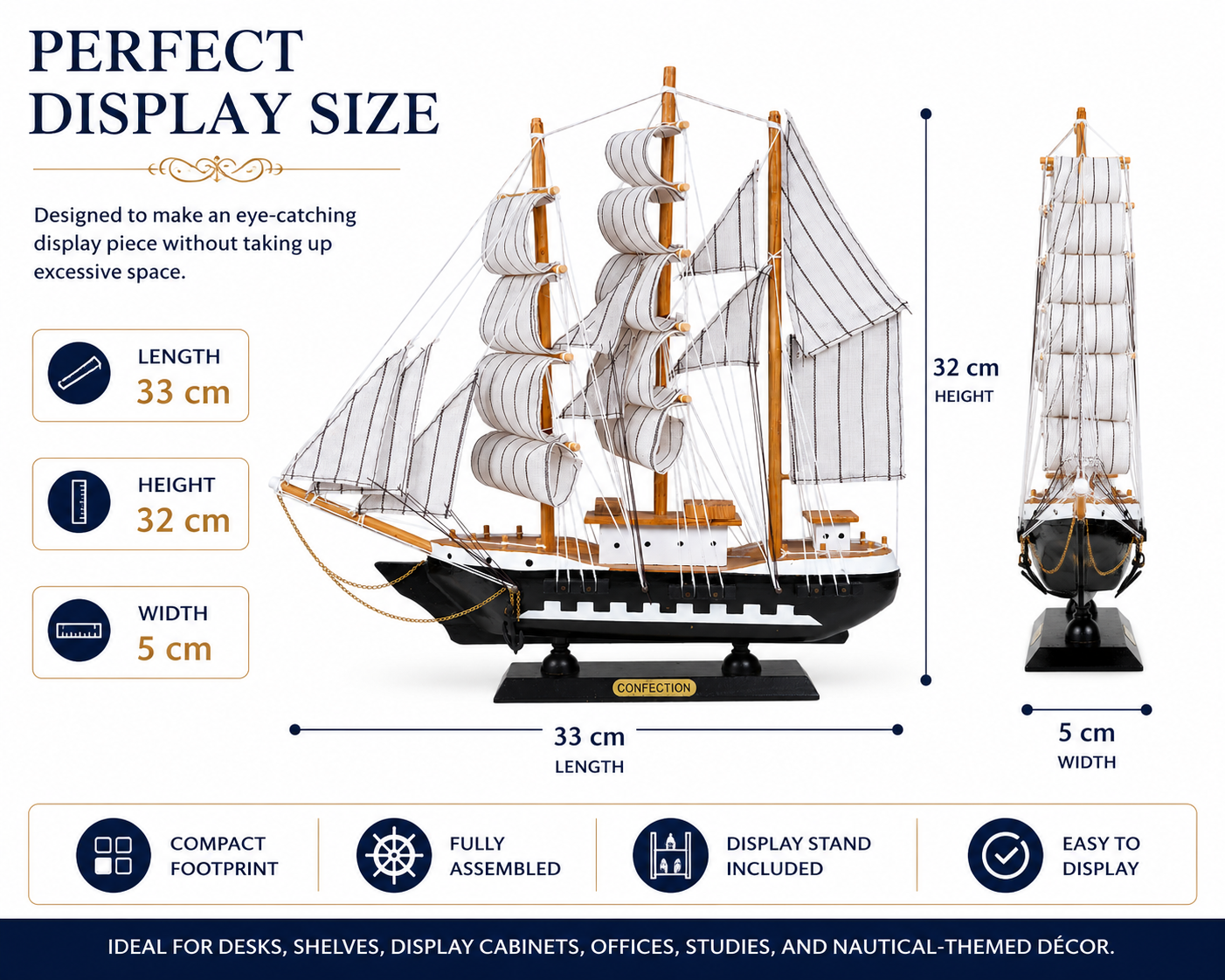 Model ship with dimensions and features on a white background