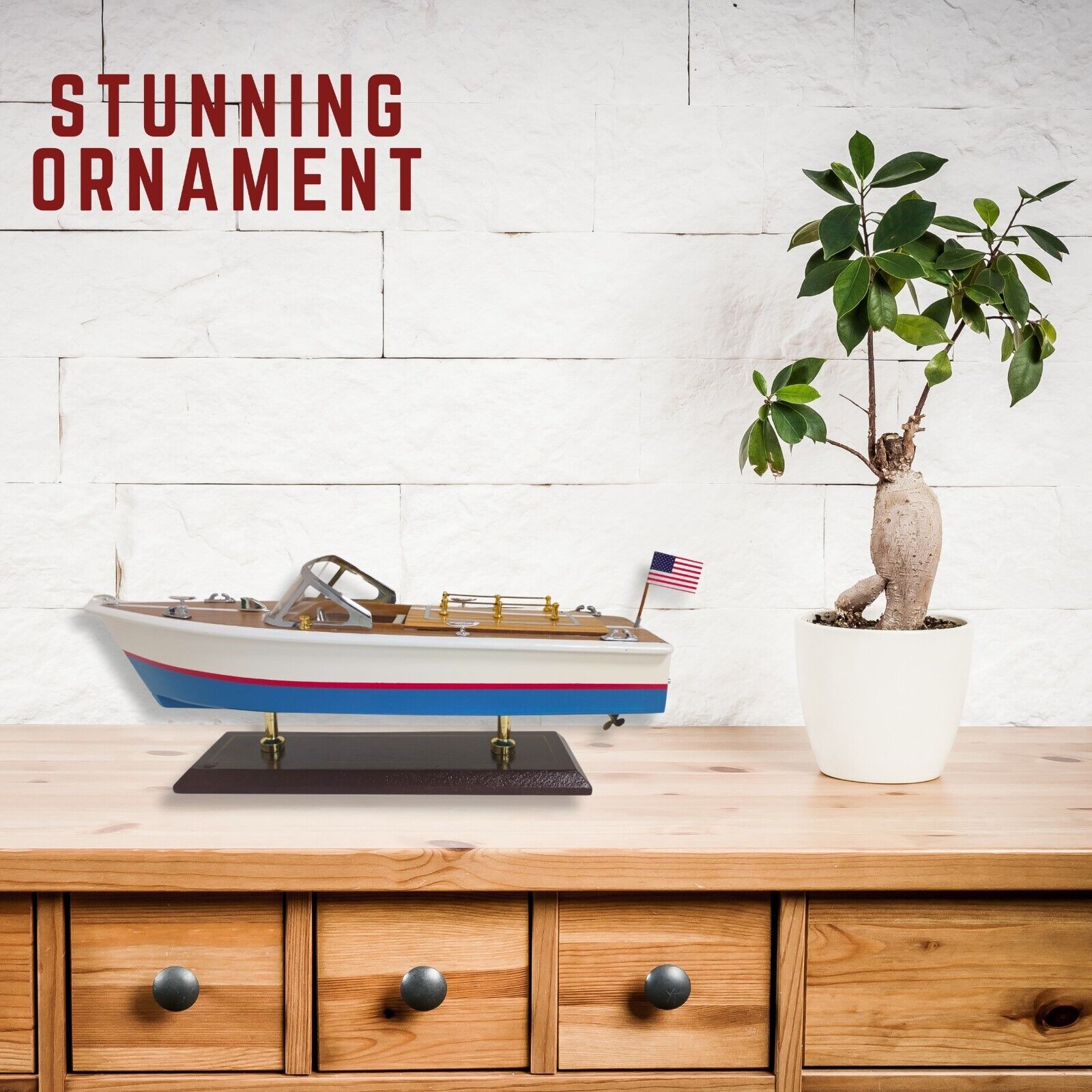Handcrafted Wooden Model Speed Boat with Stand Personalize Option