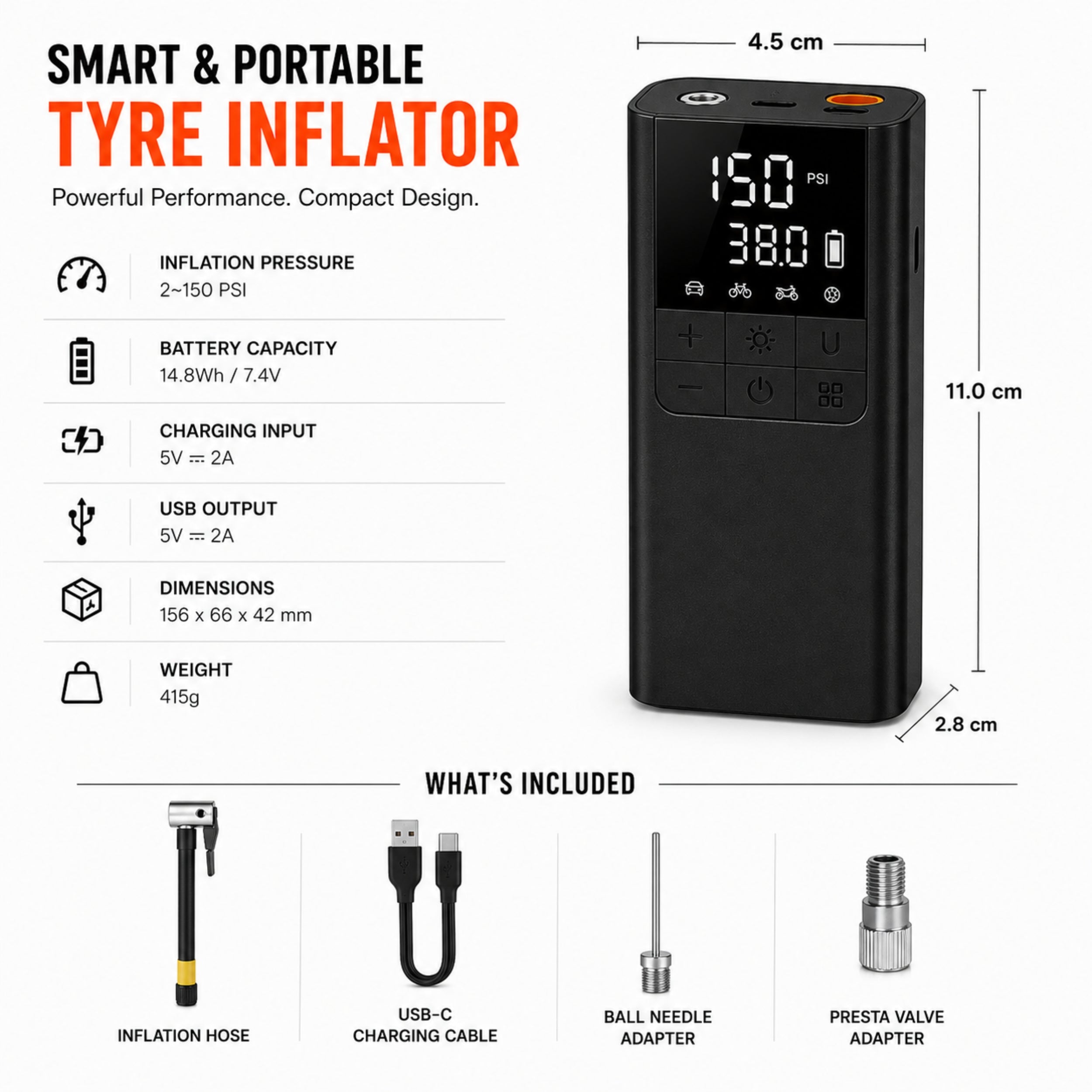 Portable Tyre Inflator Air Compressor Pump, LED, Rechargeable for Car/Bike