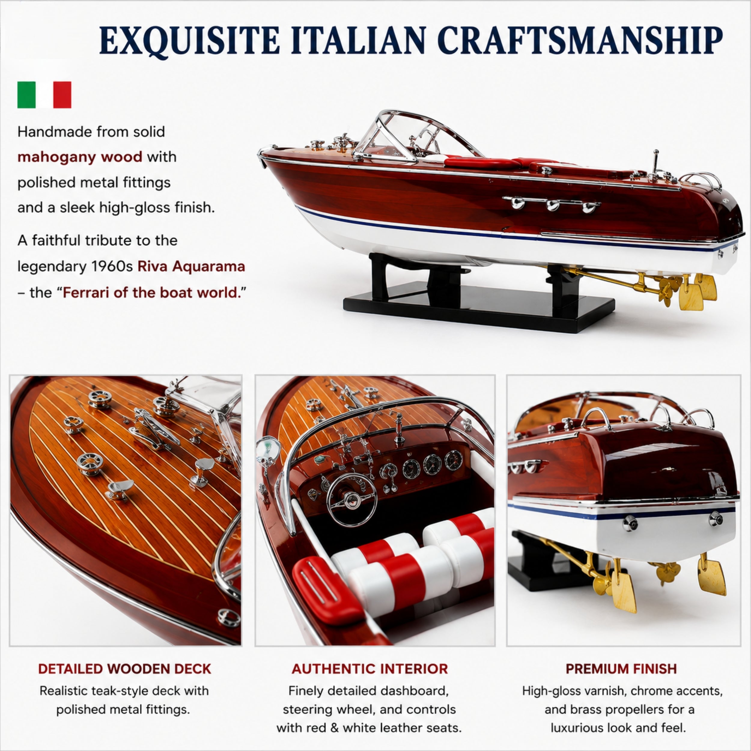 Handcrafted Riva Aquarama Wooden Speed Boat Model – Large Luxury Display 67cm Red/White
