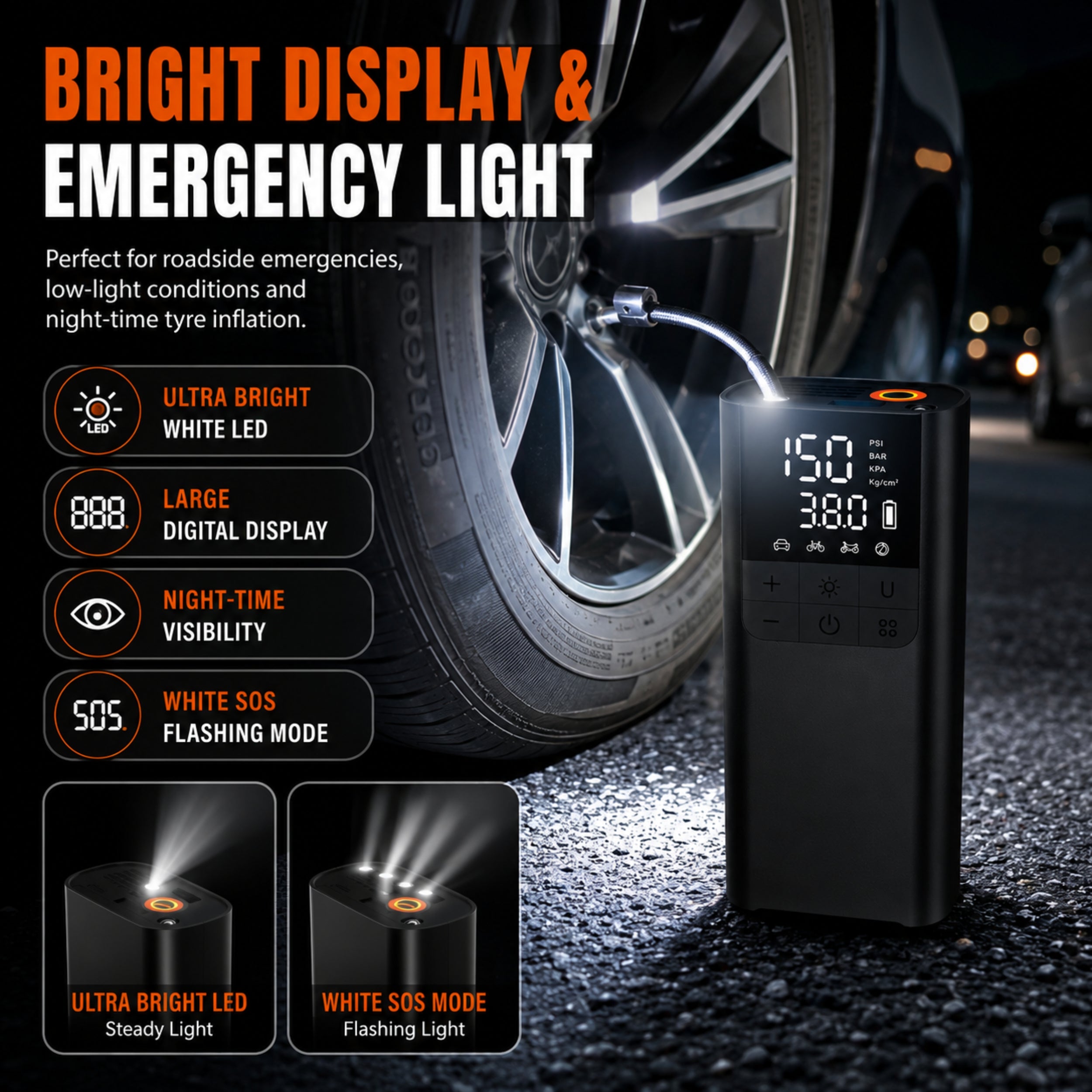 Portable Tyre Inflator Air Compressor Pump, LED, Rechargeable for Car/Bike