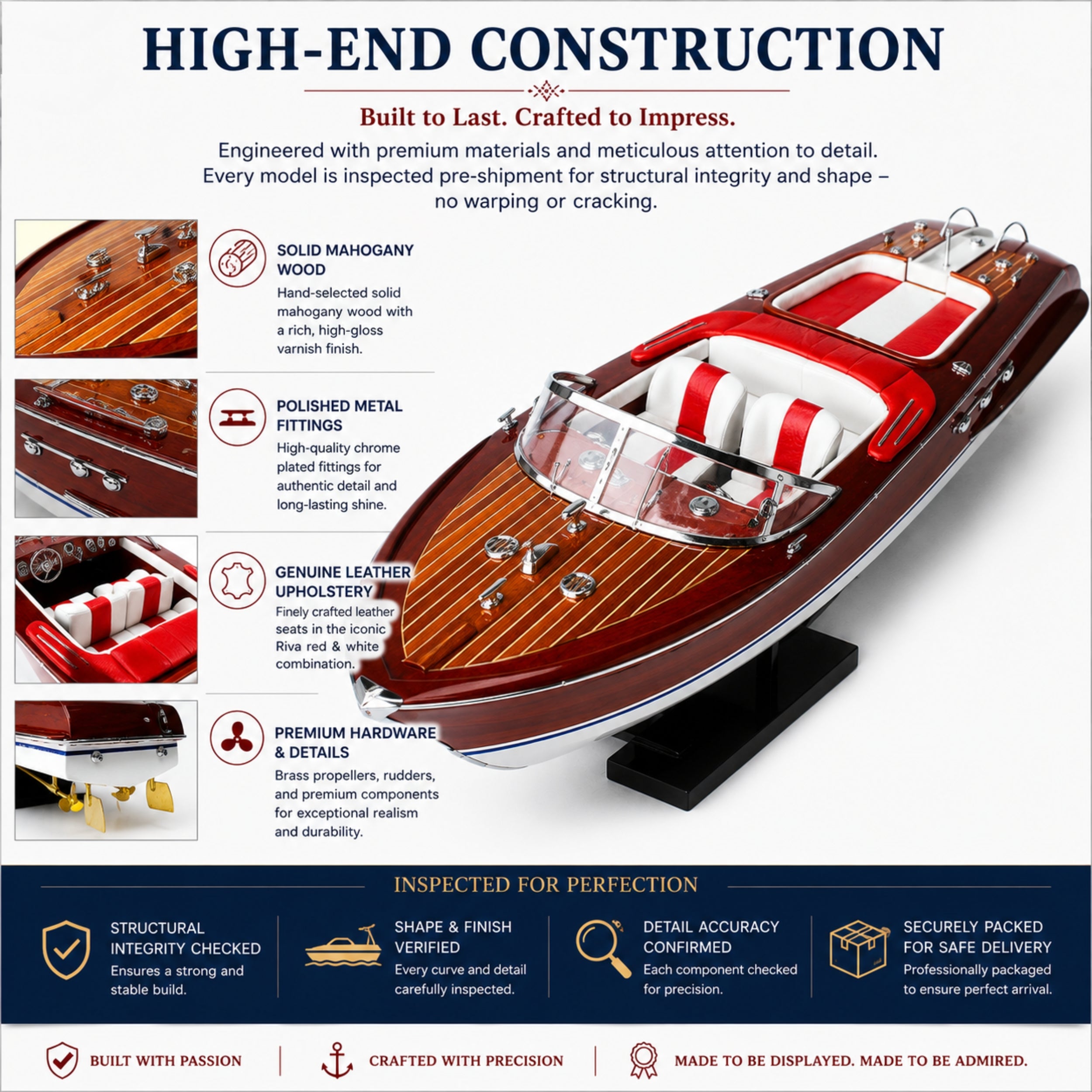 Handcrafted Riva Aquarama Wooden Speed Boat Model – Large Luxury Display 67cm Red/White