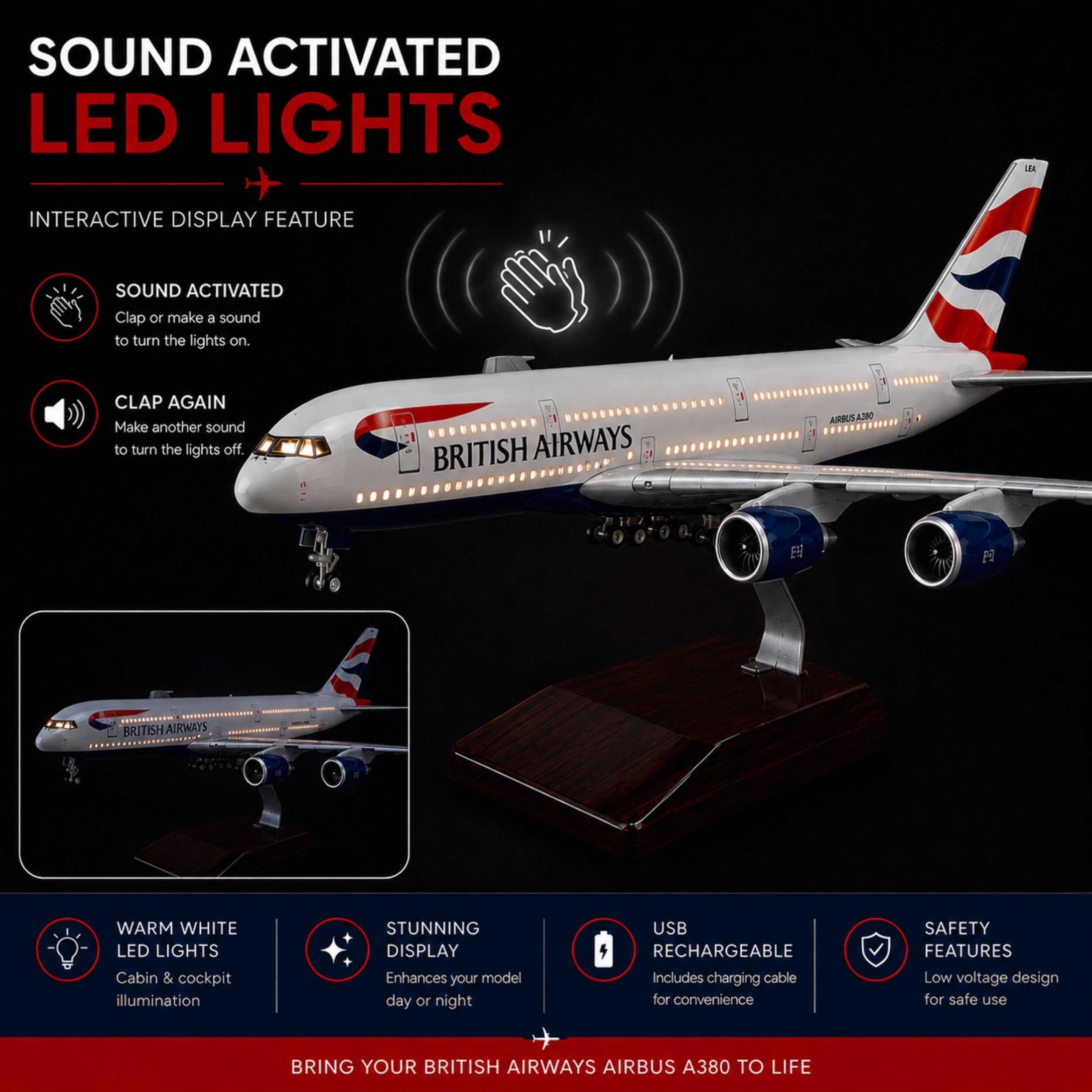 Model of a British Airways Airbus A380 with sound-activated LED lights on a dark background
