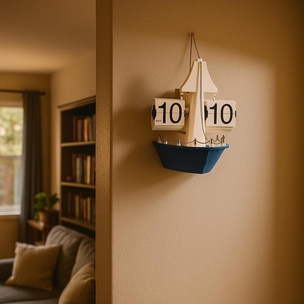 Ship Deck Flip Clock Wall Hanging Retro Nautical with Automatic Flip Panels AM PM Display Decorative Boat Style Desk Shelf Timepiece blue black (Black)