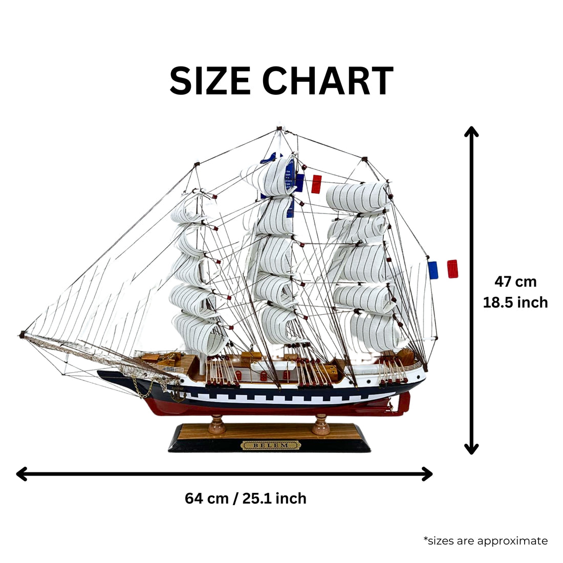 Vintage Belem Model Ship - Handmade 64cm Fully Assembled Nautical Decor