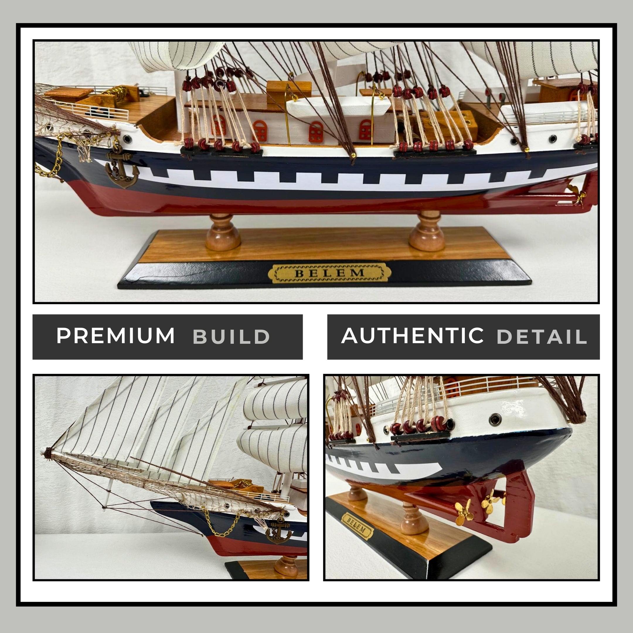 Vintage Belem Model Ship 1V - Handmade 64cm Fully Assembled Nautical Decor