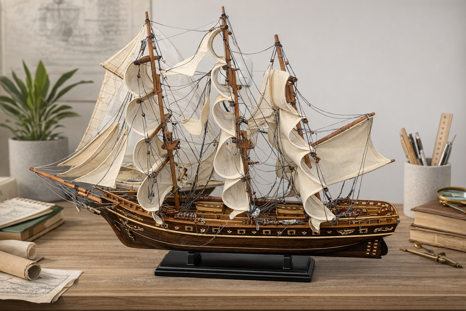 Very Large Wooden Sailing Ship Model – Handcrafted Classic Tall Ship Display 95cm Long - Chame LTD