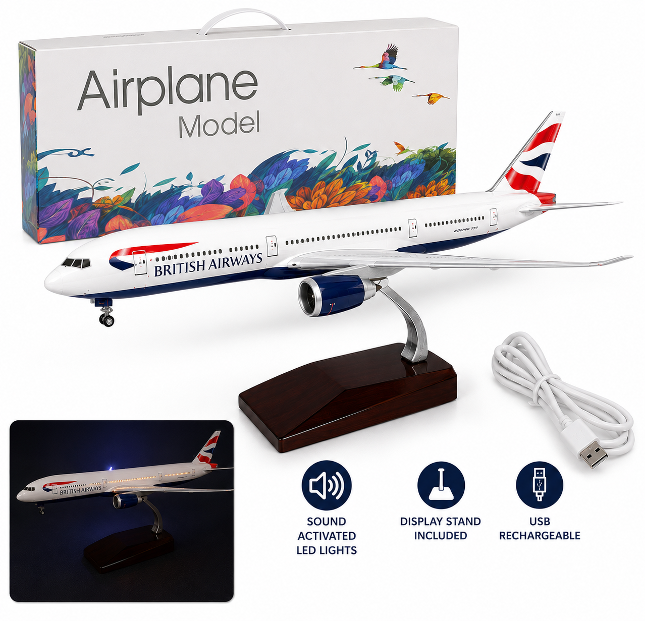 Model airplane with British Airways logo, packaging, and charging cable on a white background