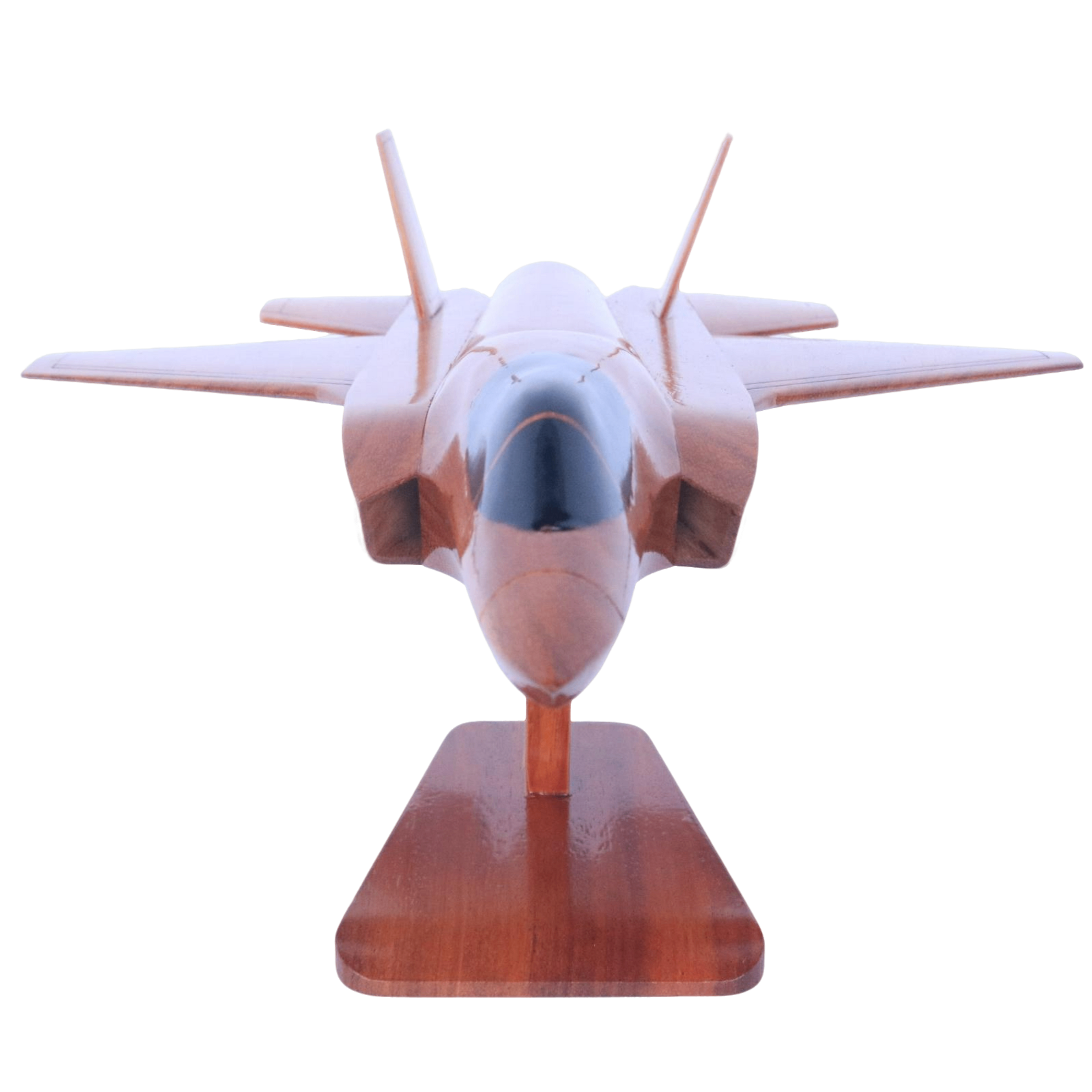 Top-down view of F-35B wooden plane model with acacia wood finish