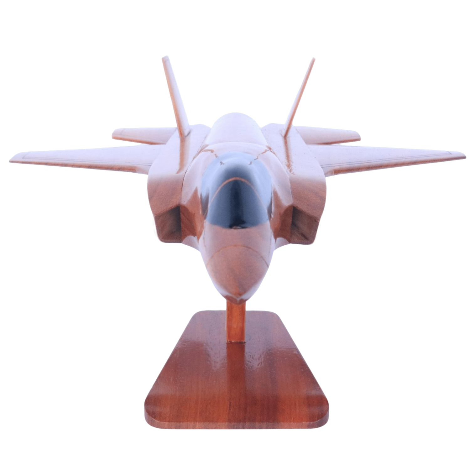 Top-down view of F-35B wooden plane model with acacia wood finish
