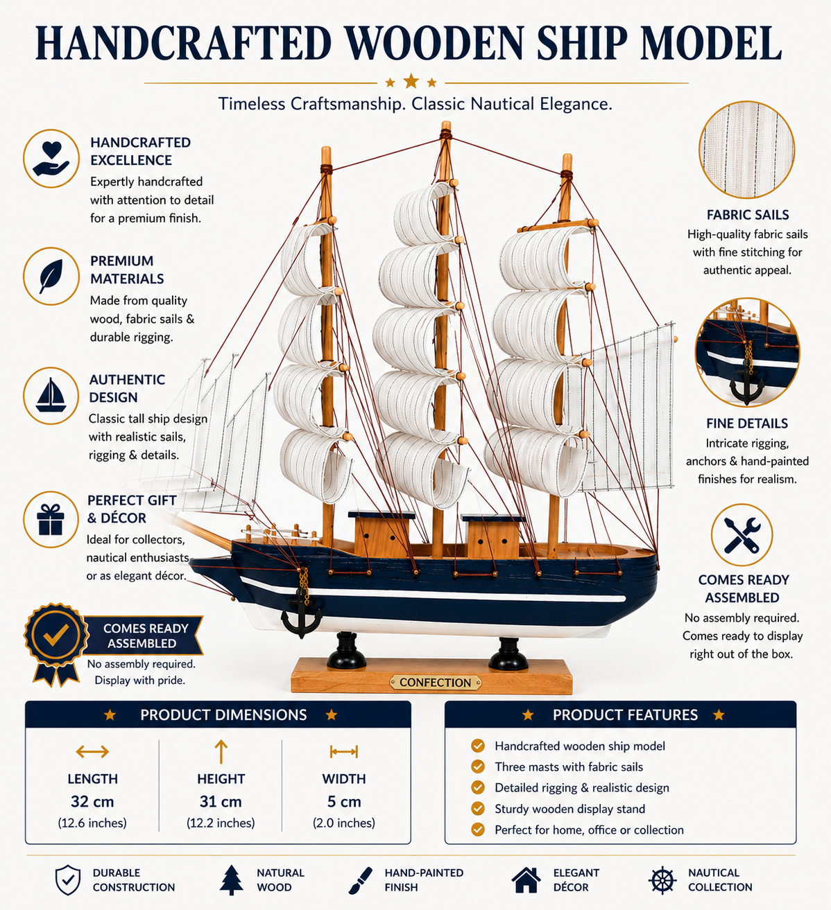 Handcrafted Wooden Tall Ship Model 1R – 32cm Nautical Sailing Ship Replica