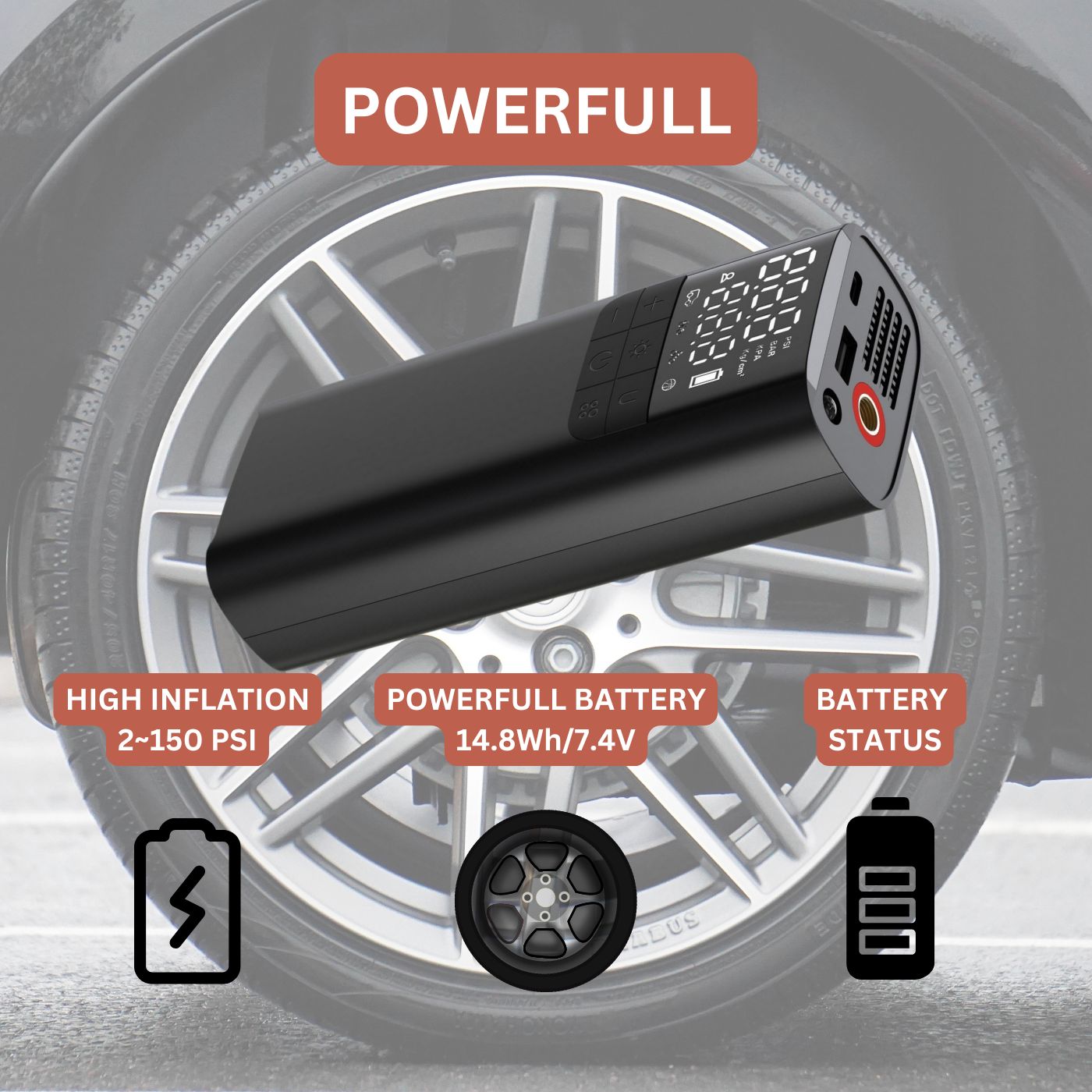 Portable Tyre Inflator Air Compressor Pump, LED, Rechargeable for Car/Bike