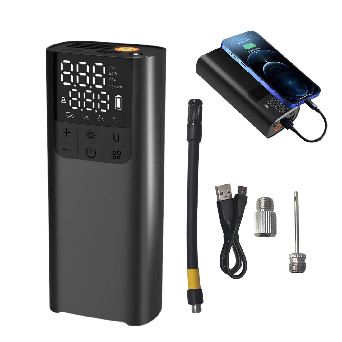 Portable Tyre Inflator Air Compressor Pump, LED, Rechargeable for Car/Bike