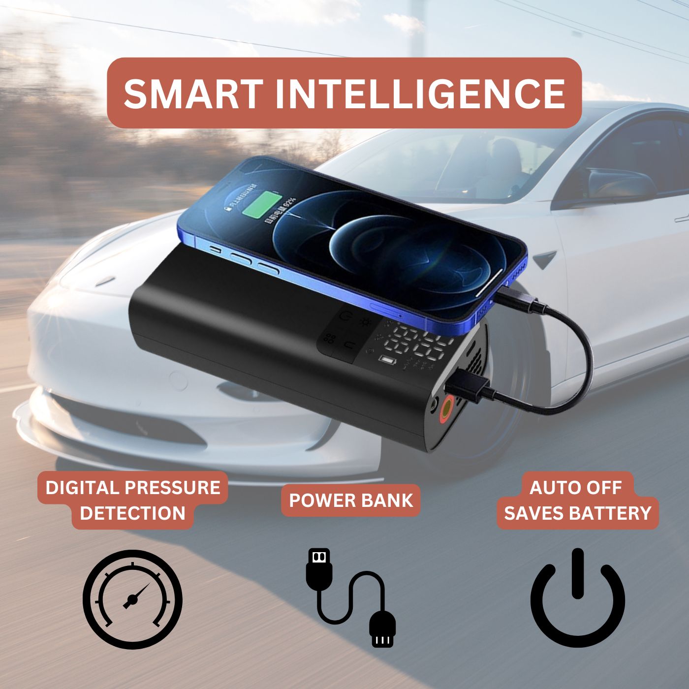 Portable Tyre Inflator Air Compressor Pump, LED, Rechargeable for Car/Bike