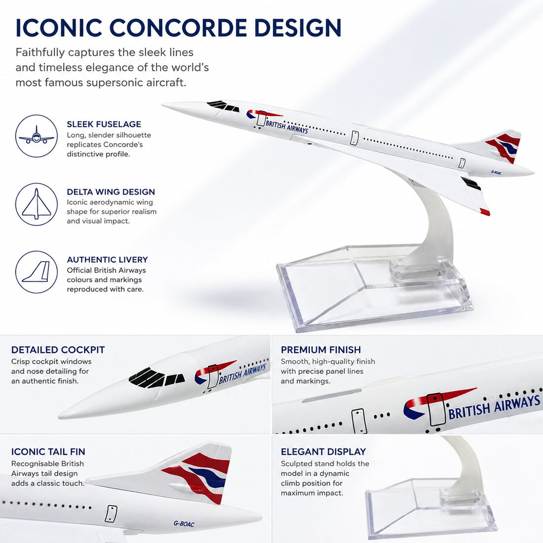 Model of a Concorde airplane with British Airways livery on a white background, featuring text about its design.