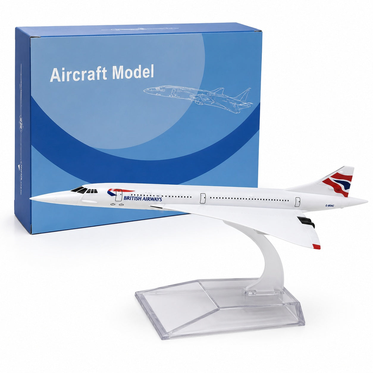 Model airplane of British Airways with packaging on a white background