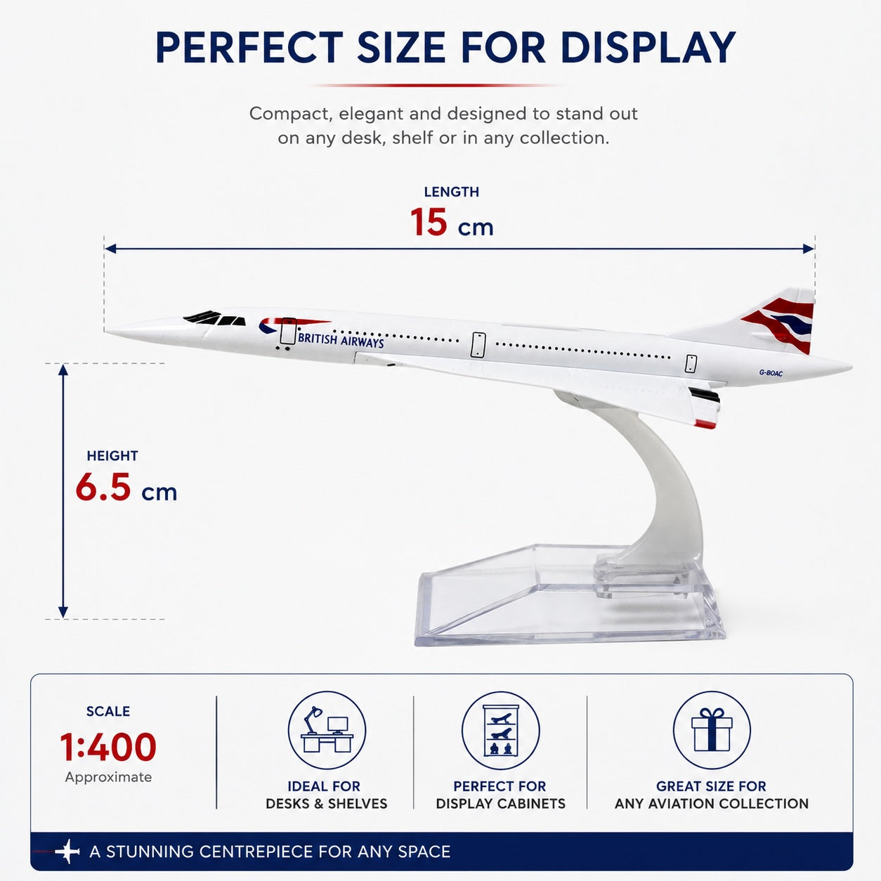 Model airplane with British Airways logo and dimensions on a white background