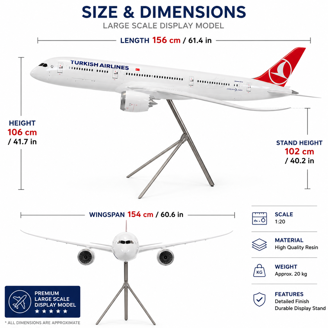 Large Turkish Airlines Boeing 787-9 Dreamliner Display Model Aircraft with Stand – 156cm