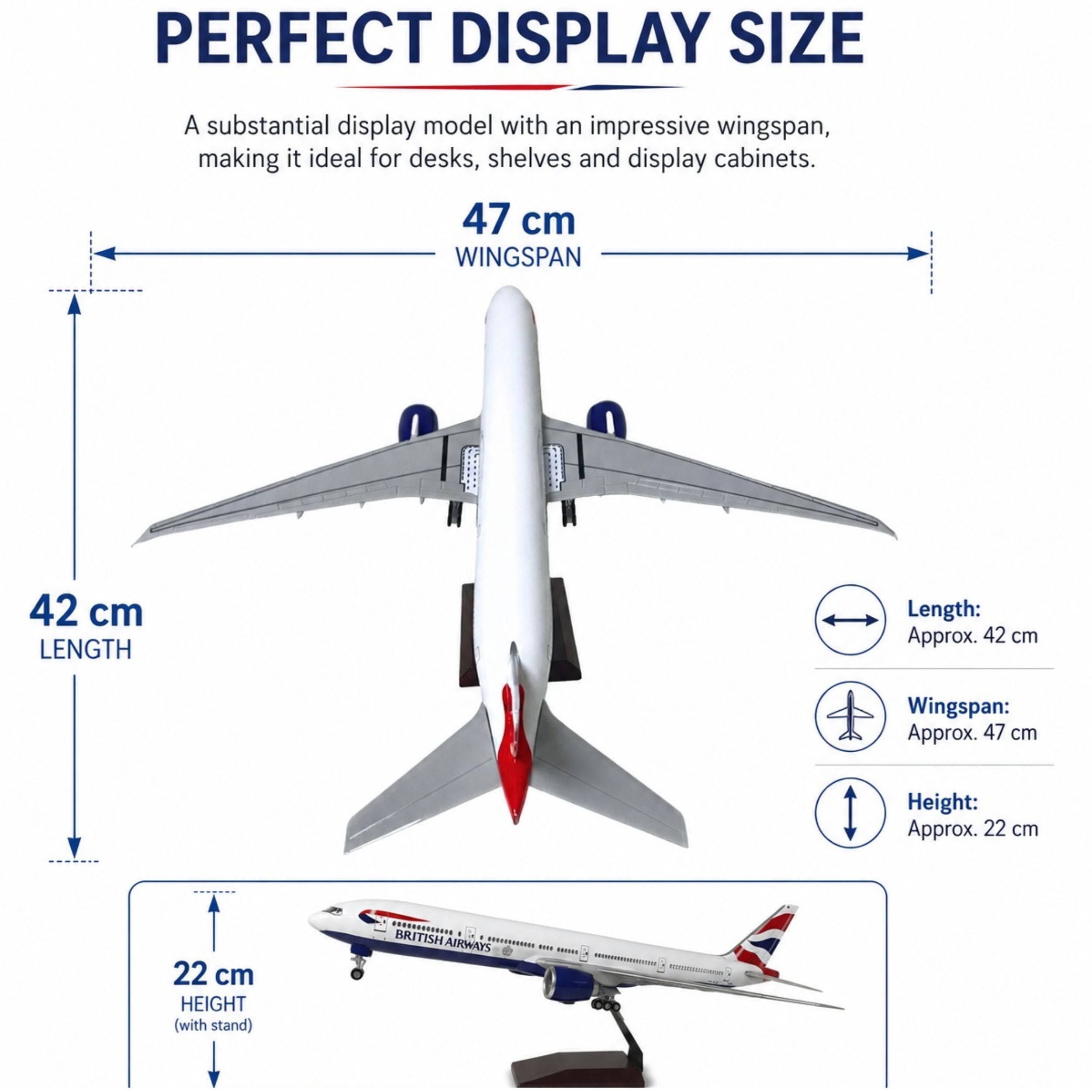 Model airplane with dimensions labeled on a white background