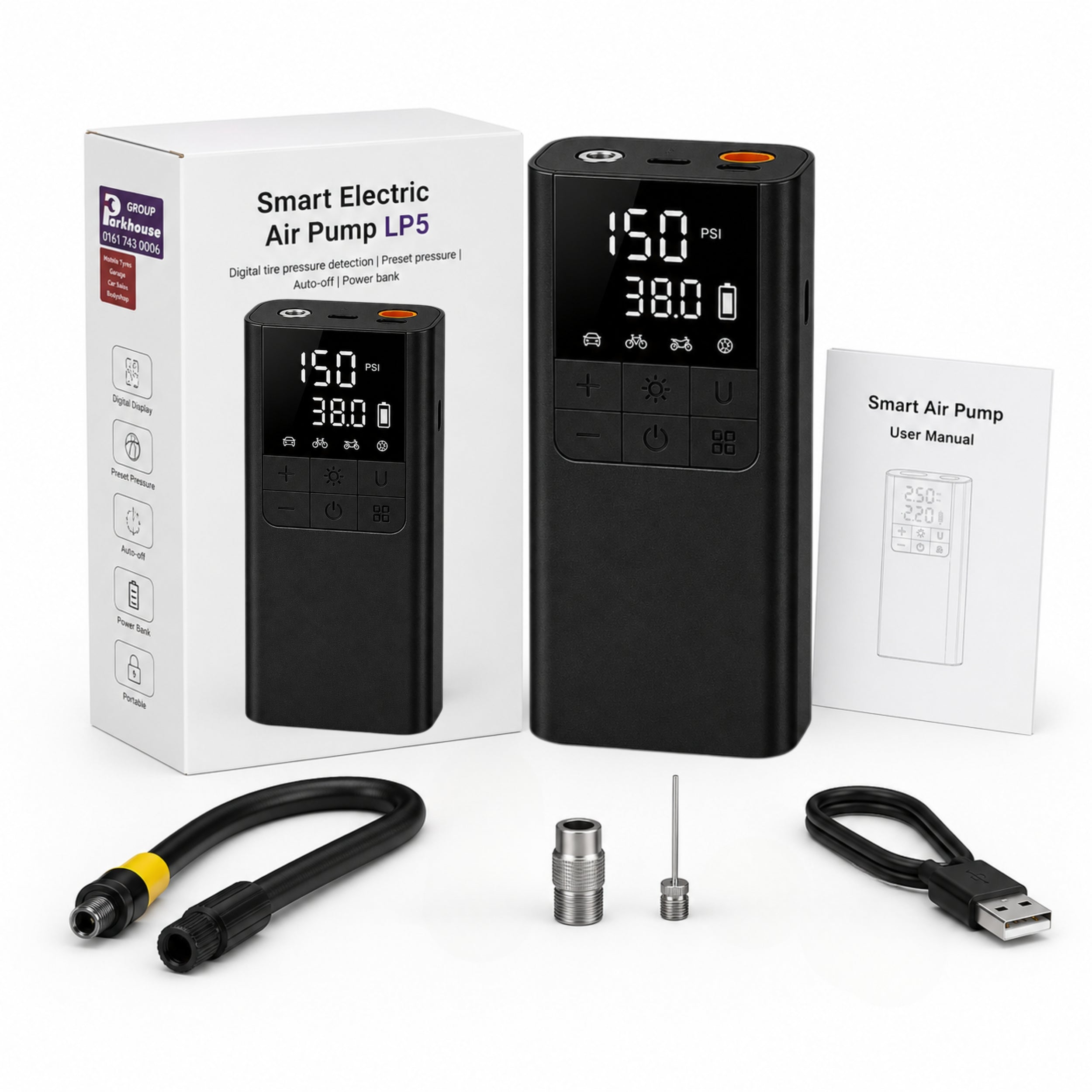 Portable Tyre Inflator Air Compressor Pump, LED, Rechargeable for Car/Bike