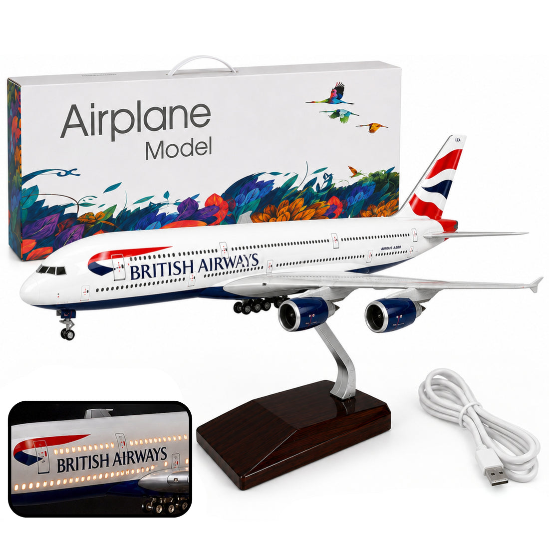 Model airplane of British Airways with packaging, remote control, and USB cable on a white background