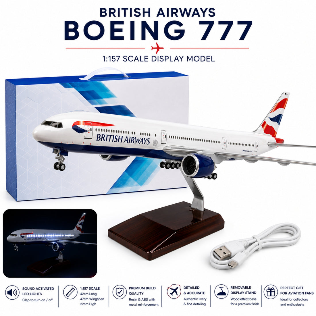Model airplane of British Airways Boeing 777 with packaging and accessories on a white background