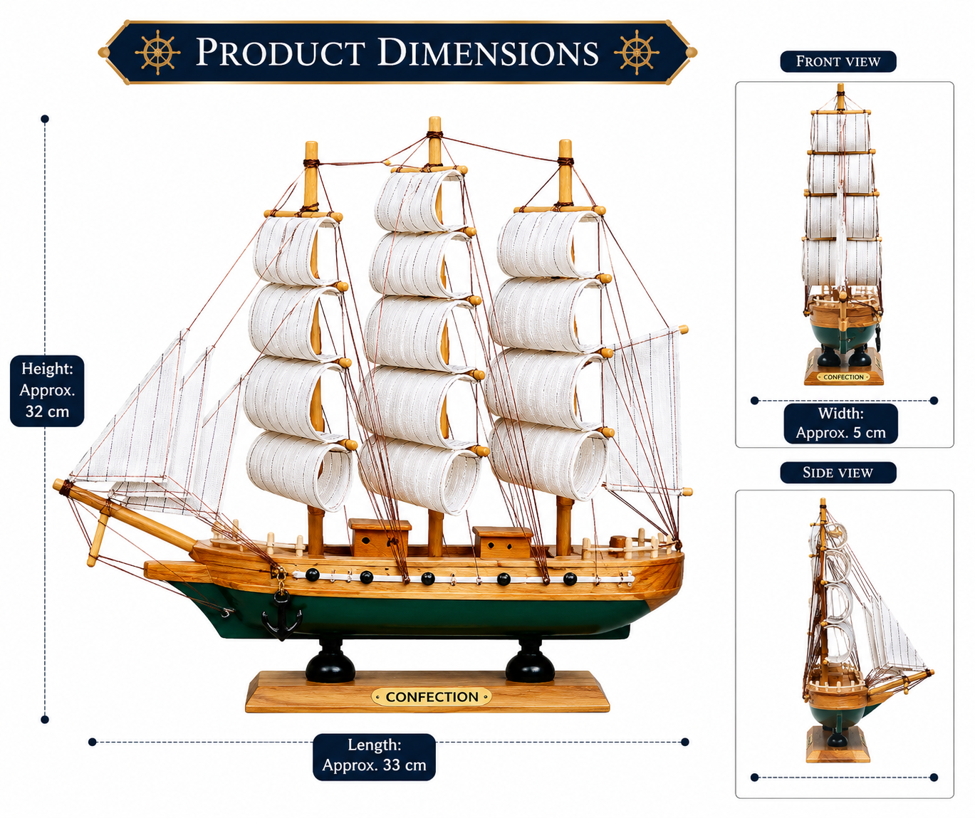 Handcrafted Wooden Tall Ship Model 1S – 33cm Nautical Sailing Ship Replica