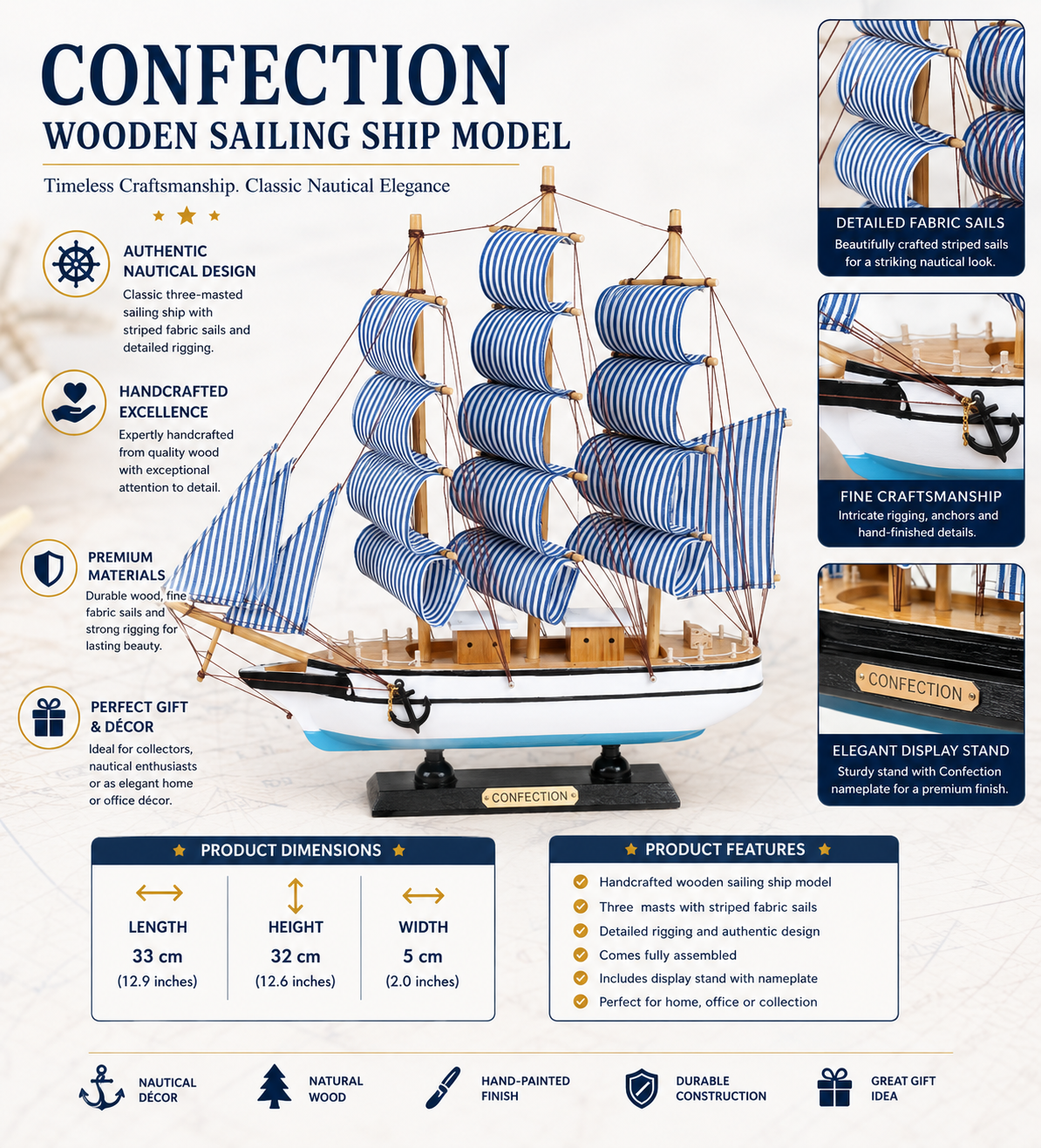 Handcrafted Wooden Tall Ship Model 1U – 33cm Nautical Sailing Ship Replica