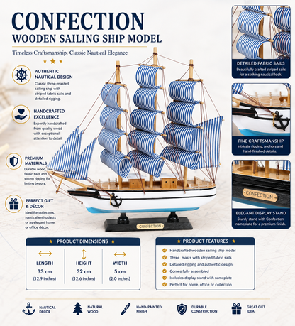 Handcrafted Wooden Tall Ship Model 1U – 33cm Nautical Sailing Ship Replica