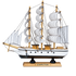 Model ship with multiple sails on a white background