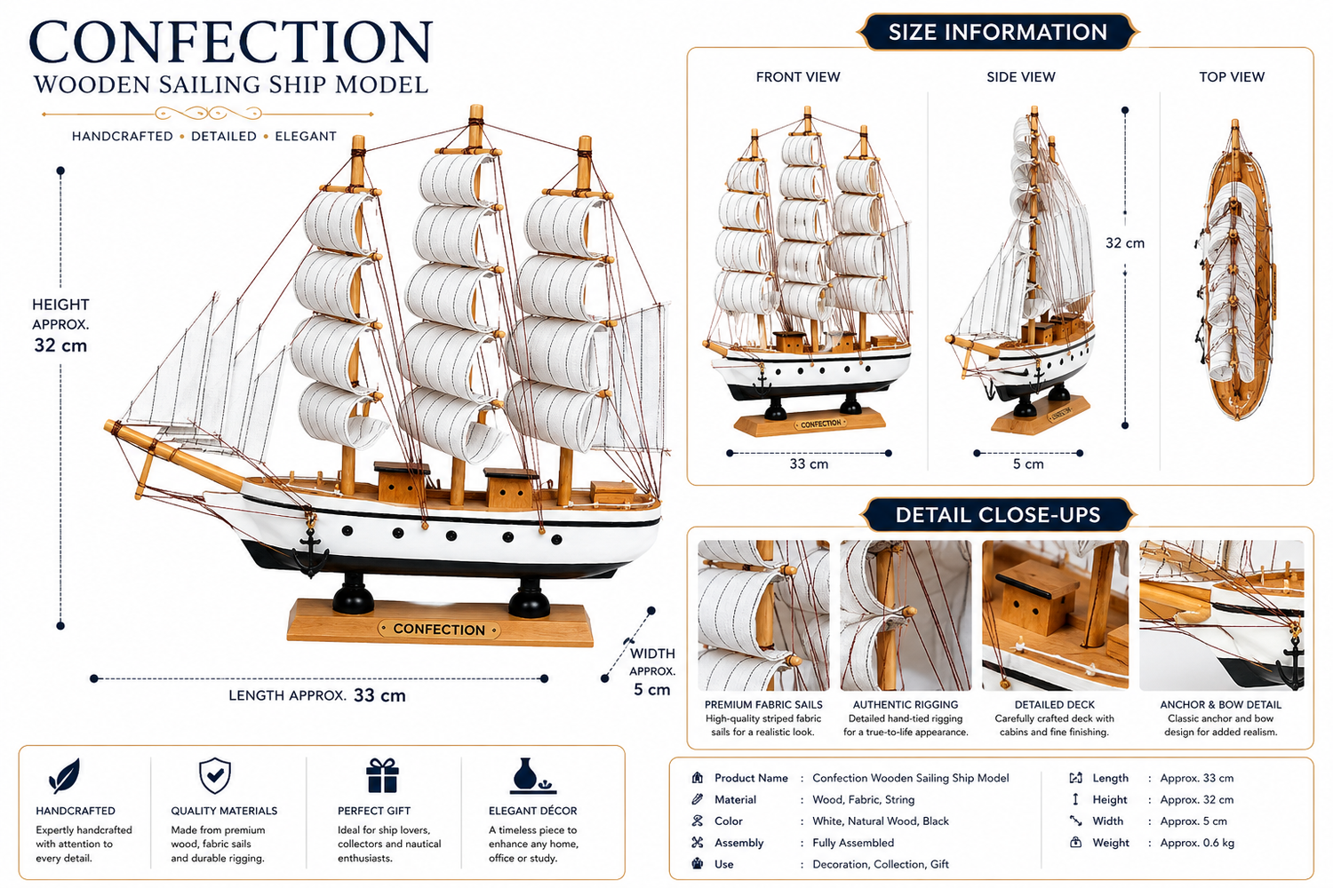 Wooden sailing ship model with size information and details on a white background