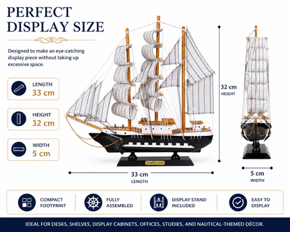 Model ship with dimensions and features on a white background