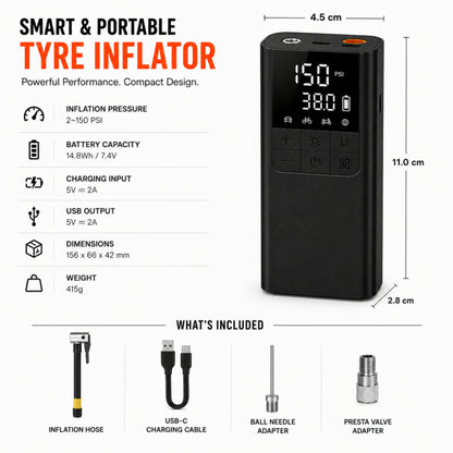 Portable Tyre Inflator Air Compressor Pump, LED, Rechargeable for Car/Bike