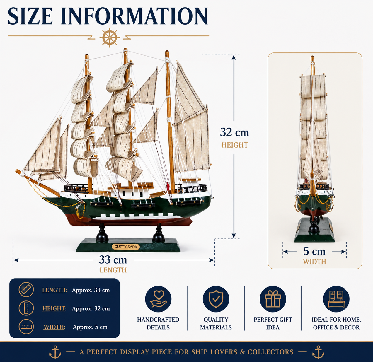 Cutty Sark Wooden Sailing Ship 2E Model 33cm Handcrafted Nautical Display