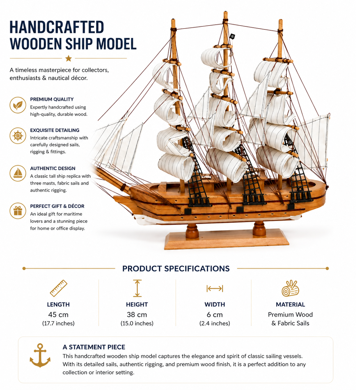 Handcrafted Wooden Tall Ship Model 2F – 45cm Nautical Sailing Ship Replica