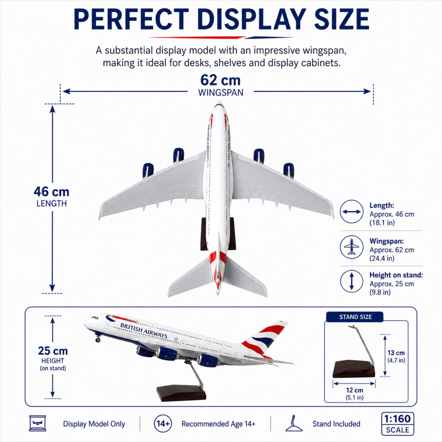 Model airplane with dimensions and features displayed on a white background