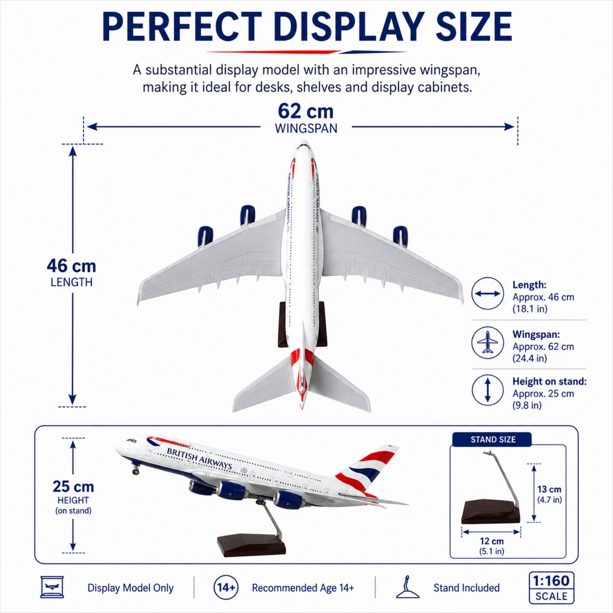 Model airplane with dimensions and features displayed on a white background