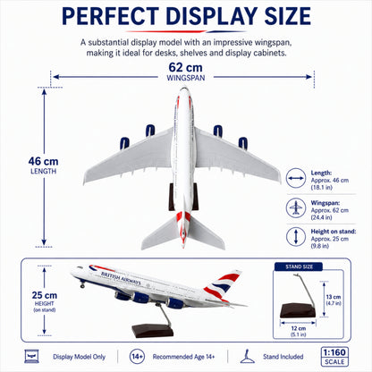 Model airplane with dimensions and features displayed on a white background