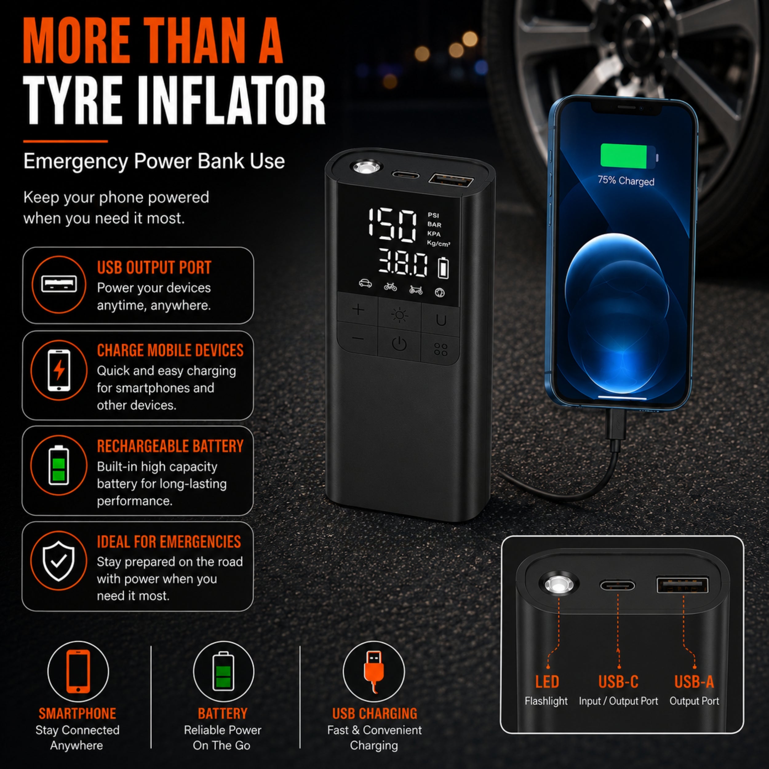 Portable Tyre Inflator Air Compressor Pump, LED, Rechargeable for Car/Bike
