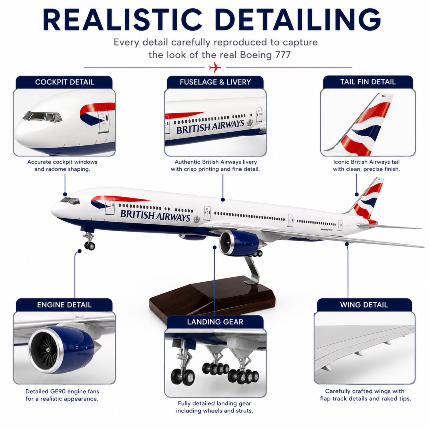 Model airplane with British Airways livery, showcasing detailed features on a white background.