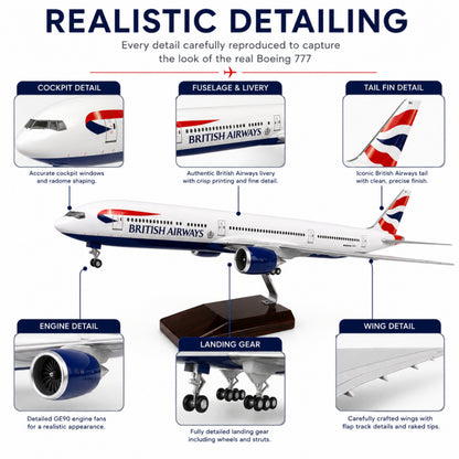 Model airplane with British Airways livery, showcasing detailed features on a white background.