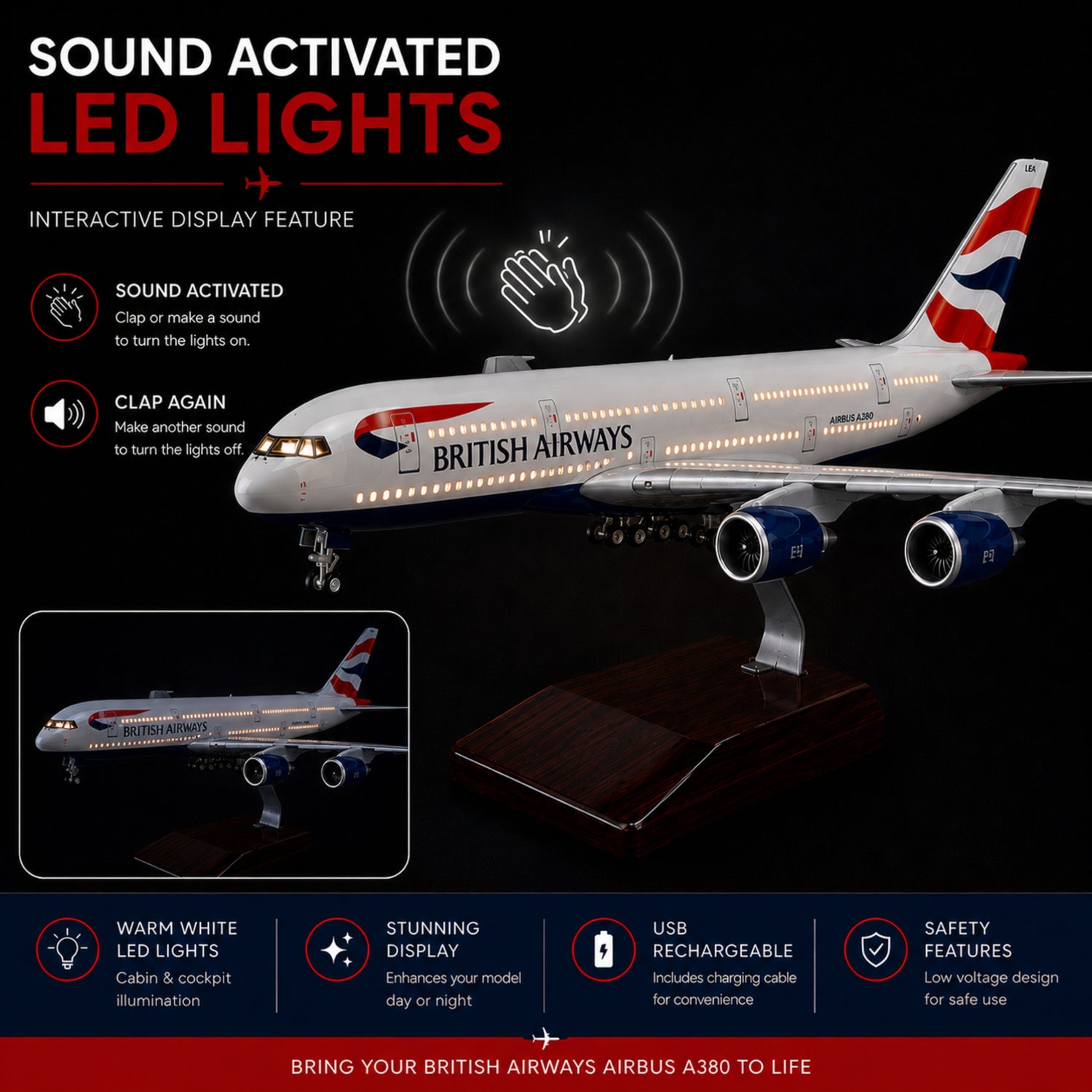 Model of a British Airways Airbus A380 with sound-activated LED lights on a dark background