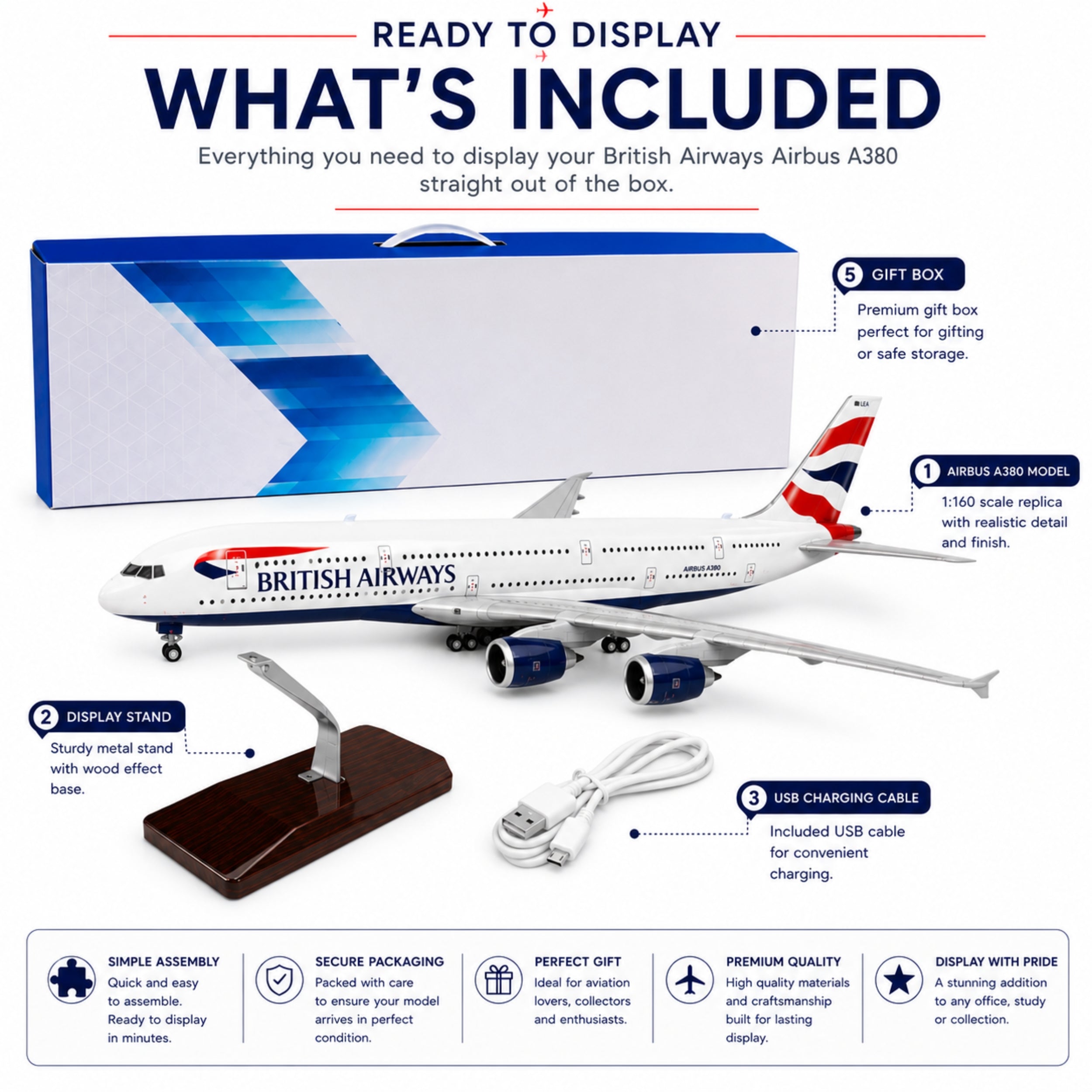 British Airways Airbus A380 model with packaging, display stand, and USB cable on a white background.