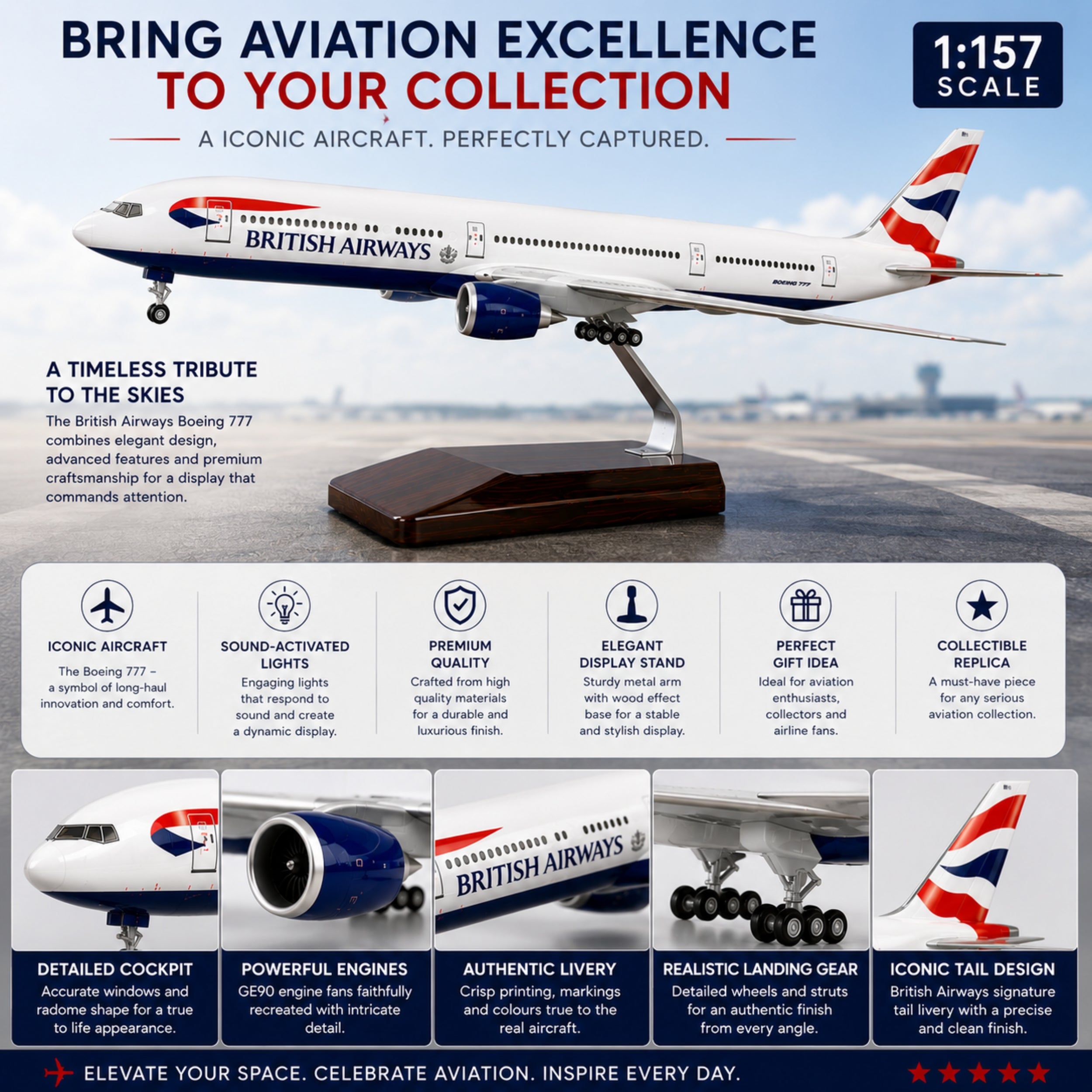 Model British Airways Boeing 777 airplane on a stand with promotional text about aviation excellence.