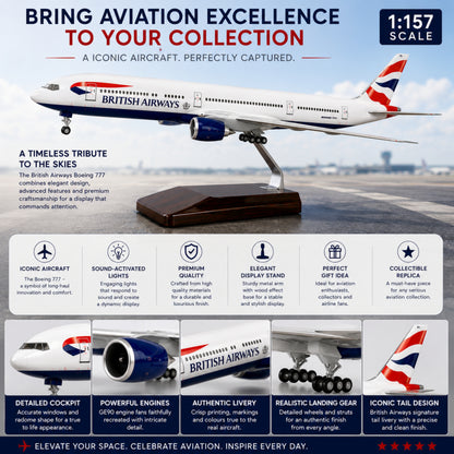 Model British Airways Boeing 777 airplane on a stand with promotional text about aviation excellence.