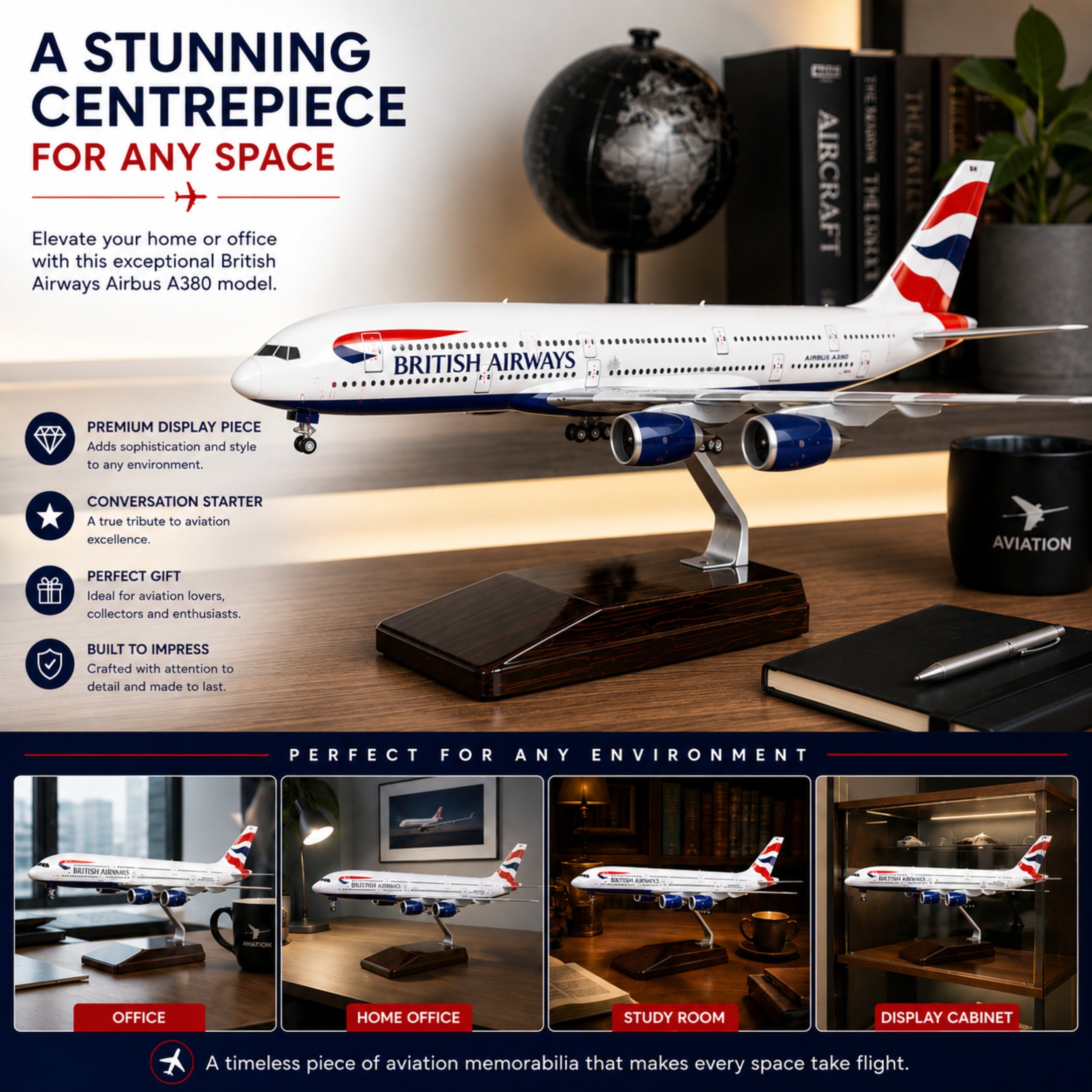 Model British Airways Airbus A380 on a wooden stand with promotional text and usage scenarios.