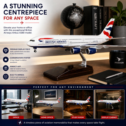 Model British Airways Airbus A380 on a wooden stand with promotional text and usage scenarios.