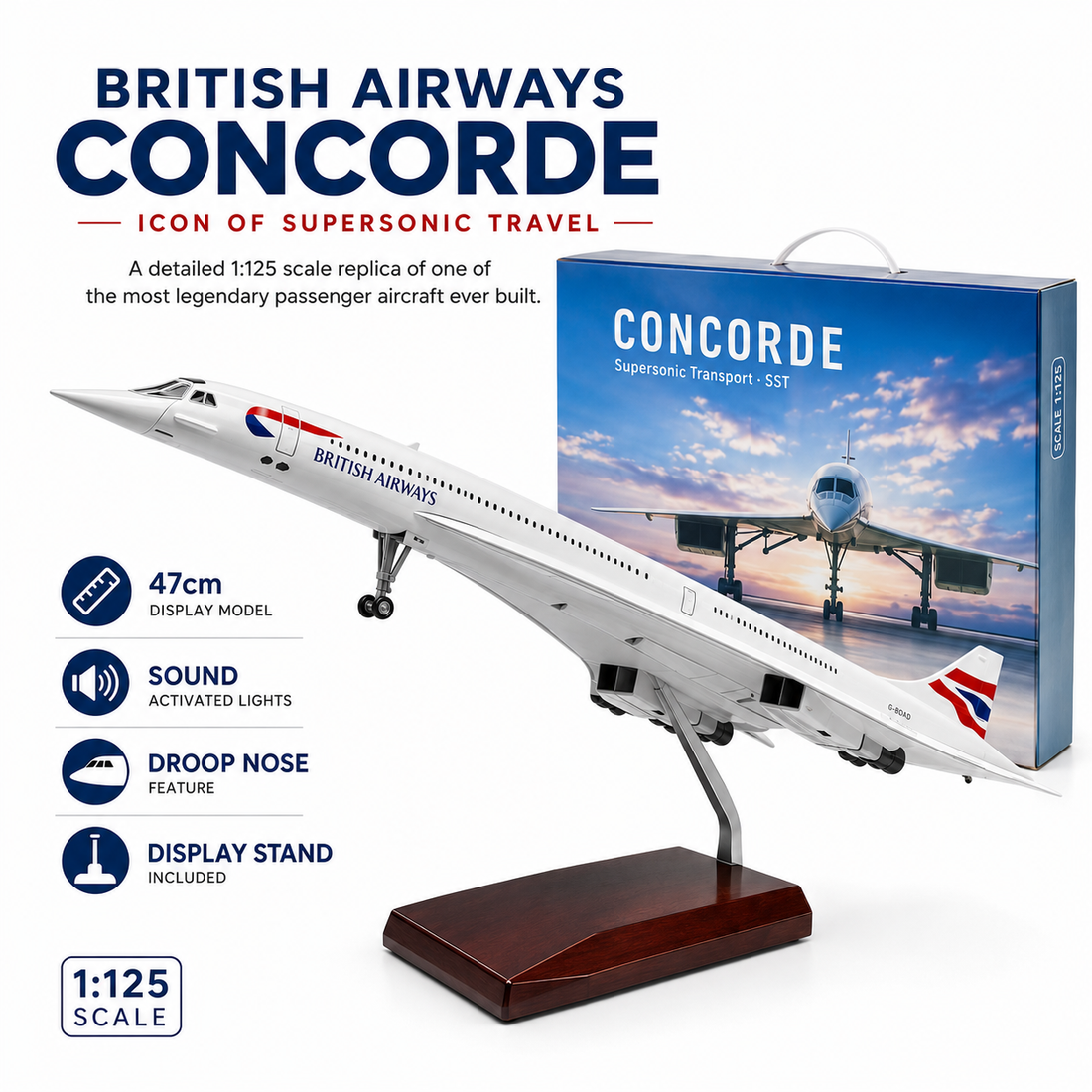 Model of a British Airways Concorde with packaging on a white background