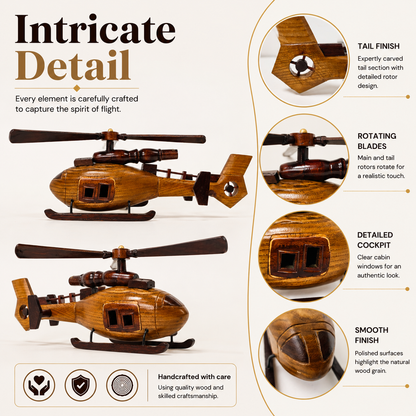 A wooden helicopter model shown with large &