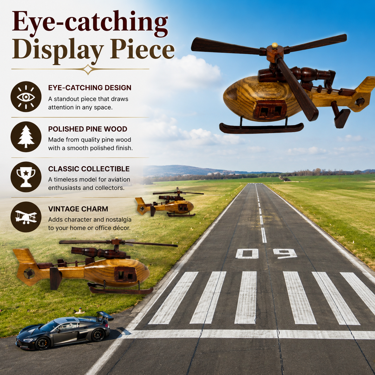 A promotional graphic for a collectible pine wood toy helicopter, showing a golden-brown wooden helicopter in the upper right over a runway scene with other toy helicopters and a car. Text on the left highlights the product&